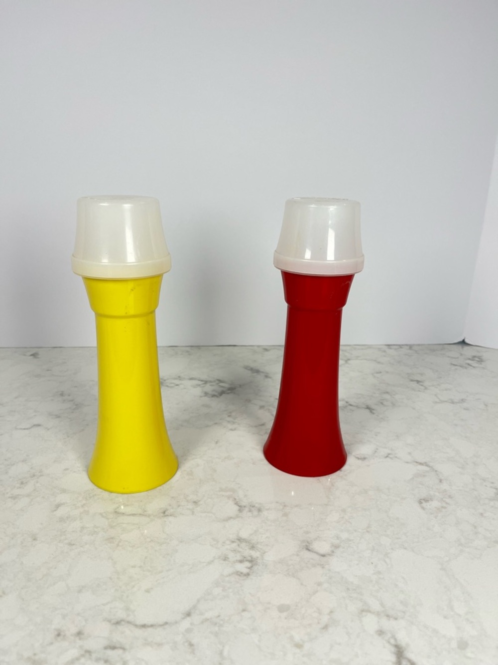 Vintage Tupperware Yellow and Red Mustard and Ketchup pump dispenser